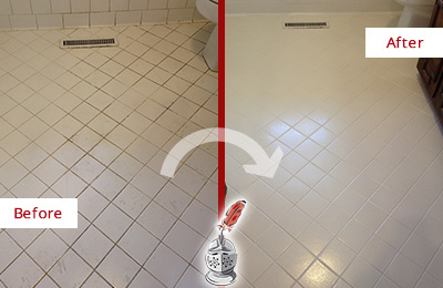 Sir Grout Seals the Grout of this Kennett Square White Bathroom Floor for Extra Protection Before and After Picture of a Kennett Square White Bathroom Floor Grout Sealed for Extra Protection
