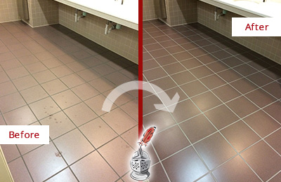 Sir Grout Seals the Grout on this Kennett Square Office Restroom to Refresh Its Look Before and After Picture of Dirty Kennett Square Office Restroom with Sealed Grout