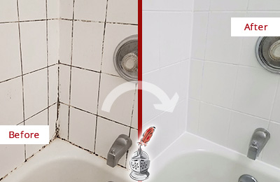 Sir Grout Seals the Grout to Eliminate Mold from this Kennett Square Tub Before and After Picture of a Kennett Square Tub with Sealed Grout to Eliminate Mold