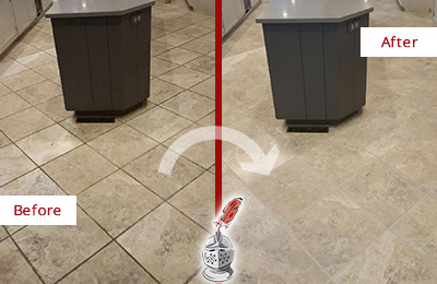 Before and After Picture of a Southeastern Kitchen Floor Grout Sealed to Remove Stains
