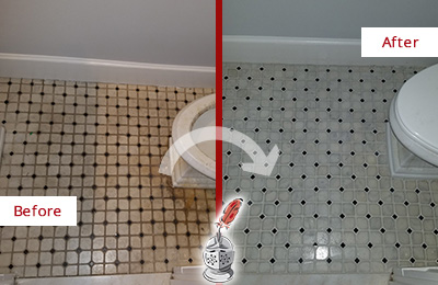 Sir Grout Cleans this Pocopson Bathroom Floor to Remove Embedded Dirt Before and After Picture of a Pocopson Bathroom Floor Cleaned to Remove Embedded Dirt