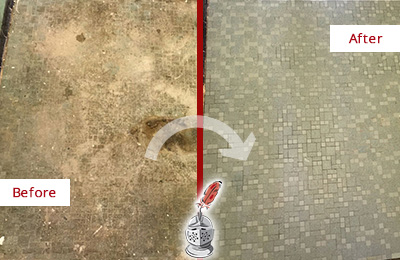 Sir Grout Cleans this Pocopson Mosaic Shower Cleaned to Eliminate Embedded Dirt Before and After Picture of a Pocopson Mosaic Shower Cleaned to Eliminate Embedded Dirt