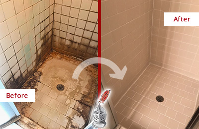 Sir Grout Cleans this Pocopson Ceramic Shower to Remove Grime Before and After Picture of a Pocopson Ceramic Shower Cleaned to Remove Grime